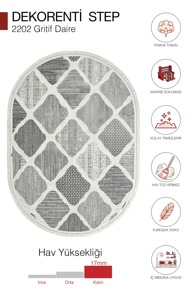Dekorenti Step 2202 Gri Oval - Baklava Dilimli Yumuşak Tozumaz Halı