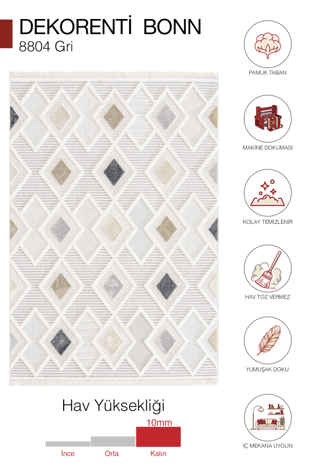 Bonn 8804 Gri Halı – Modern Geometrik Desenli Tozumaz Halı 200x290