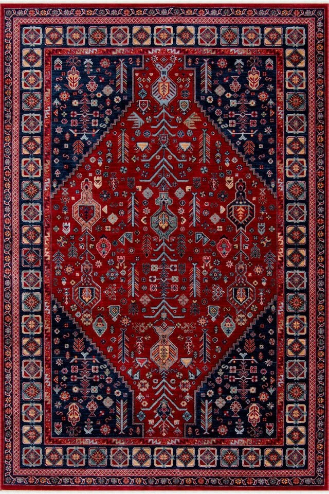 Ahlat 2306 Kırmızı Lacivert Etnik Desenli Salon Oturma Odası Halısı