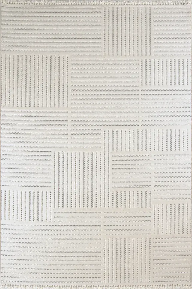 Dekorenti Prag 9201 Krem – Modern Örgü Saçaklı Yumuşak Tuşeli İskandinav Halı