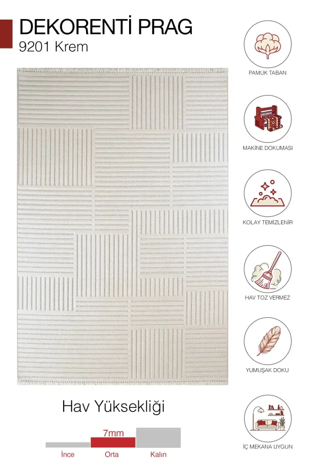 Dekorenti Prag 9201 Krem – Modern Örgü Saçaklı Yumuşak Tuşeli İskandinav Halı