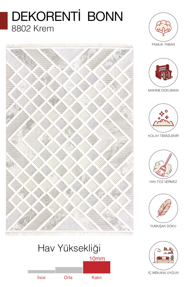 Dekorenti Bonn 8802 Krem Halı – Modern Geometrik Desenli Tozumaz Halı