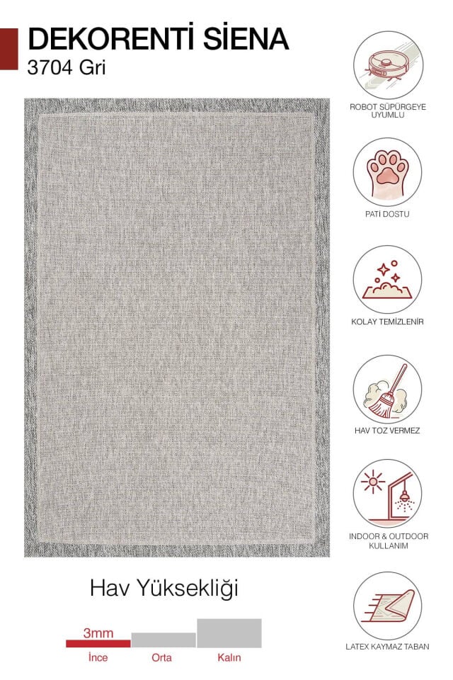 Dekorenti Siena 3704 Gri Sisal Halı – Modern Gri Çerçeveli Mutfak Halısı