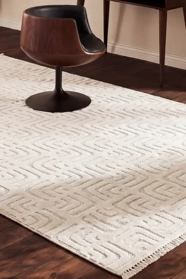 Dekorenti Prag 9209 Krem – Modern Örgü Saçaklı Yumuşak Tuşeli İskandinav Halı