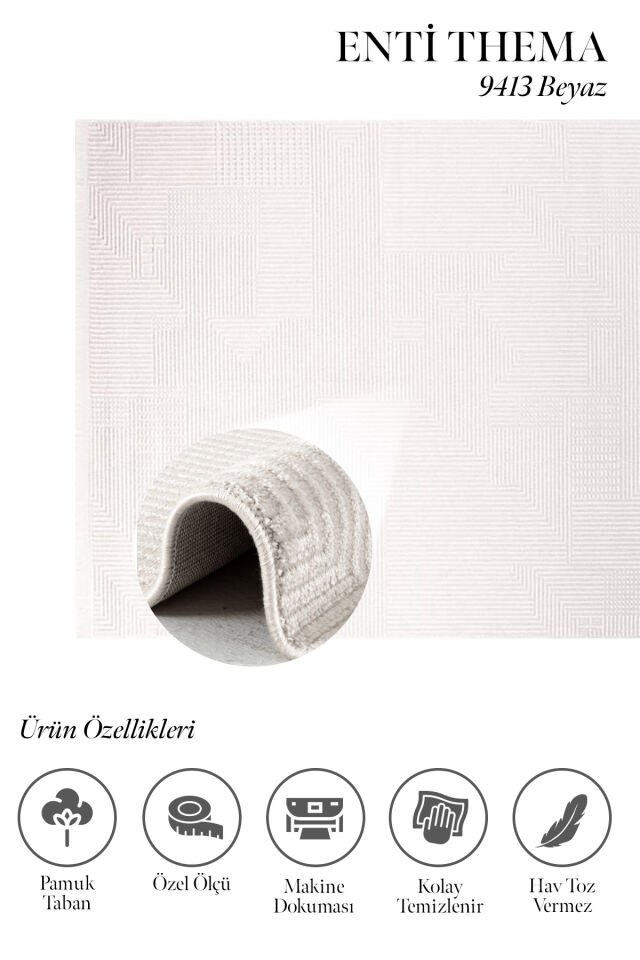 Enti Thema 9413 Beyaz - Modern Tarzda Zarif Dokulu Akrilik Halı