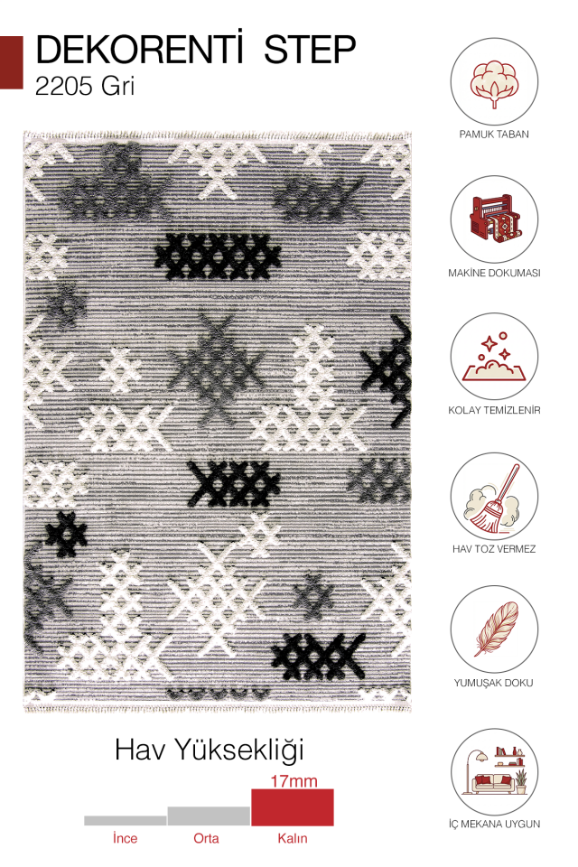 Dekorenti Step 2205 Gri - Etnik Desenli Yumuşak Tozumaz Halı