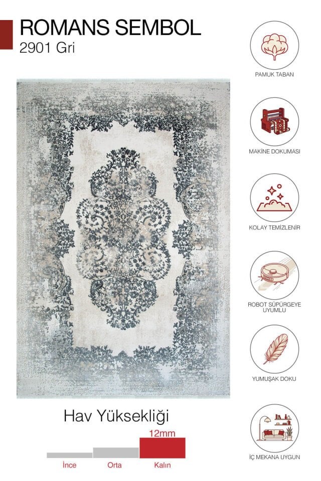 Romans Sembol 2901 Gri Halı - Akrilik Pamuk Taban Modern Salon Halısı