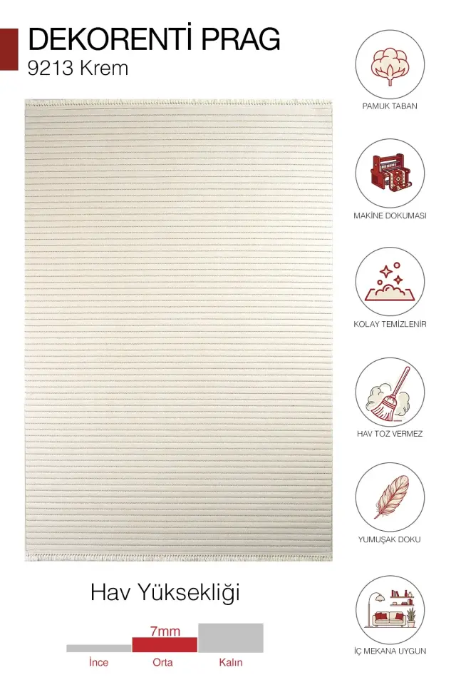 Dekorenti Prag 9213 Krem – Modern Örgü Saçaklı Yumuşak Tuşeli İskandinav Halı