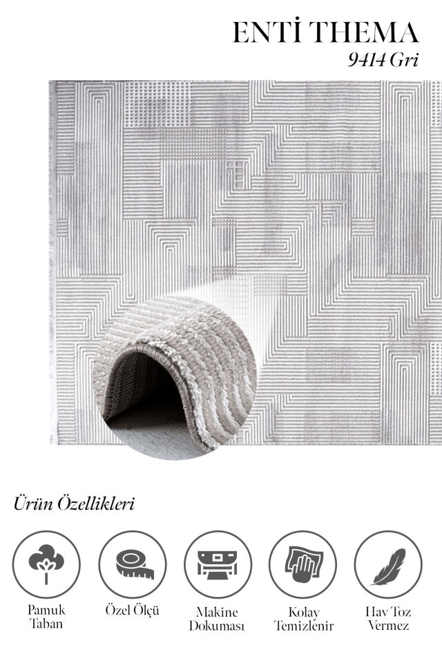 Enti Thema 9414 Gri - Modern Geometrik Çizgili Akrilik Halı