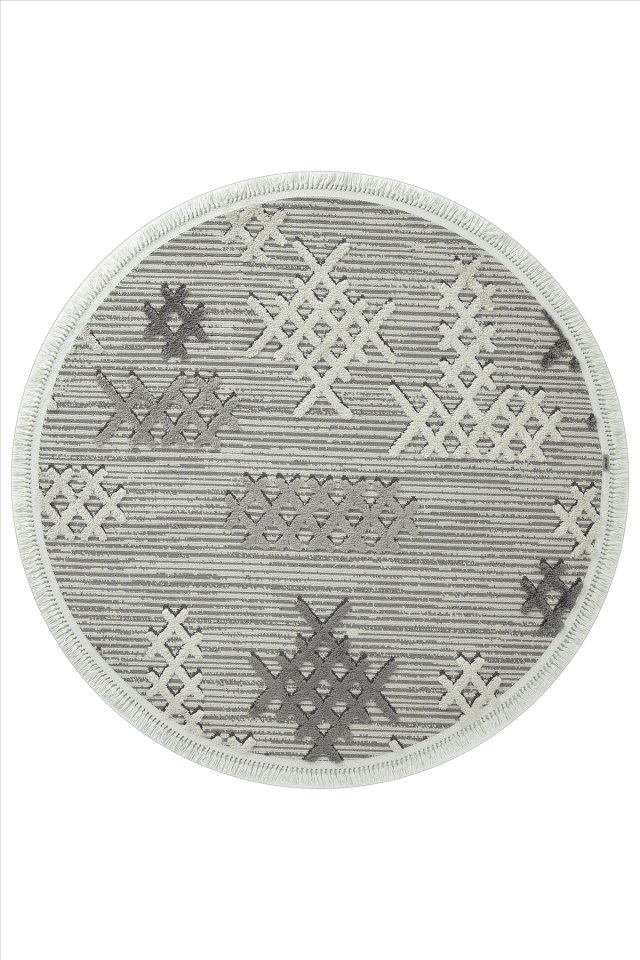 Step 2205 Gri Daire - Etnik Desenli Yumuşak Tozumaz Halı 200x200