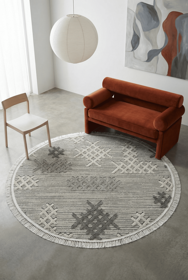 Step 2205 Gri Daire - Etnik Desenli Yumuşak Tozumaz Halı 200x200