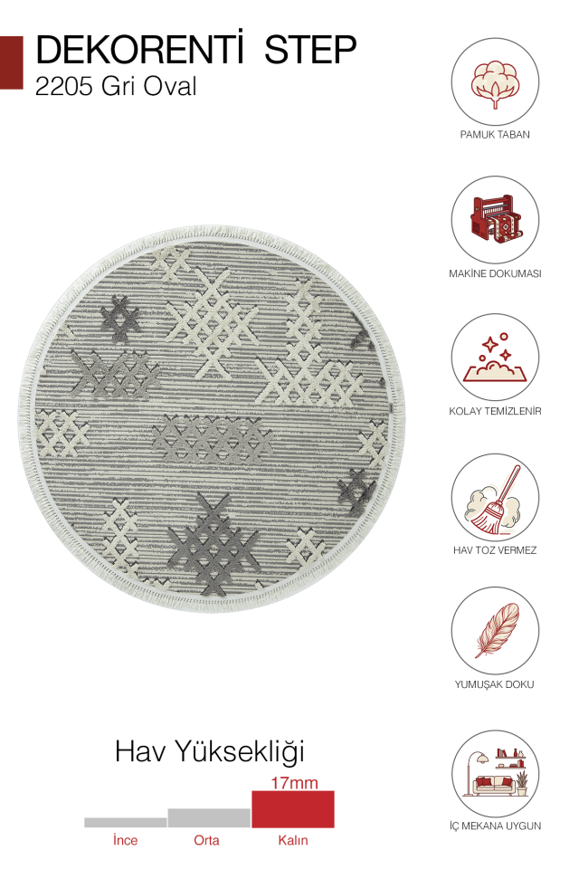 Step 2205 Gri Daire - Etnik Desenli Yumuşak Tozumaz Halı 200x200