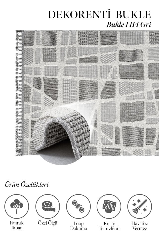 Dekorenti Bukle 1414 Gri - Modern İskandinav Tozumaz Halı