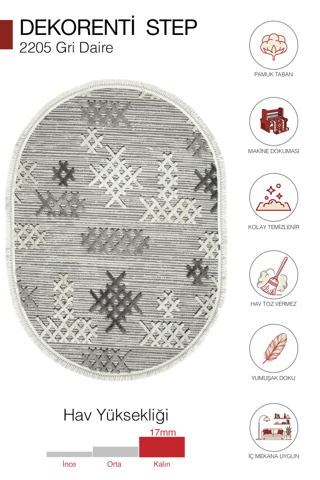 Step 2205 Gri Oval - Etnik Desenli Yumuşak Tozumaz Halı 160x230