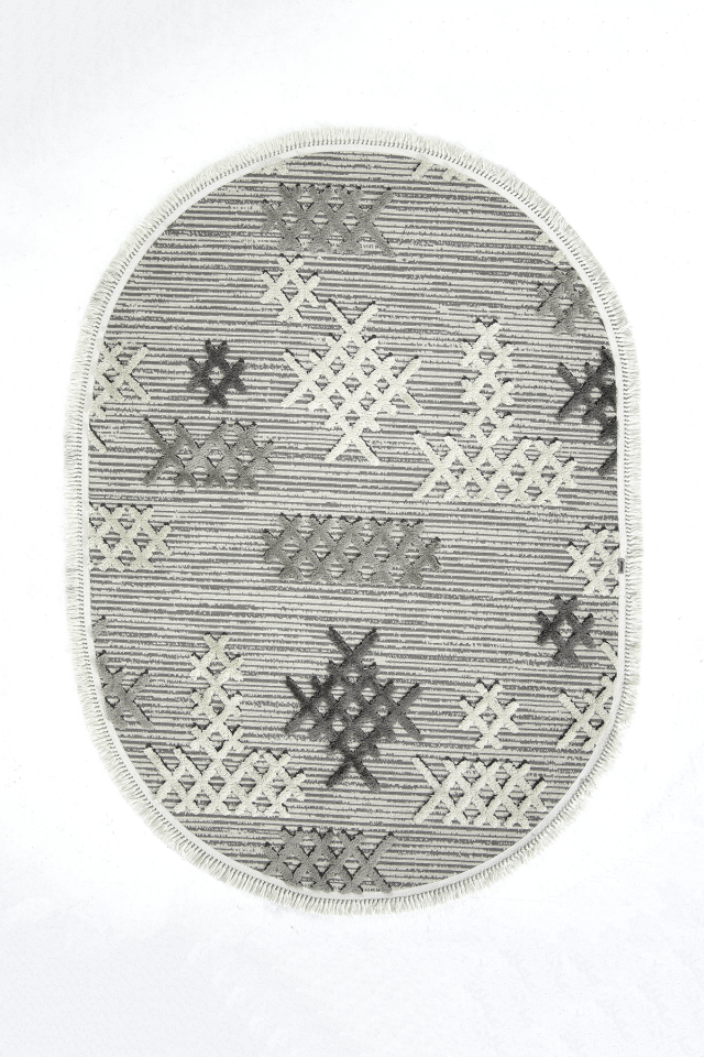 Dekorenti Step 2205 Gri Oval - Etnik Desenli Yumuşak Tozumaz Halı