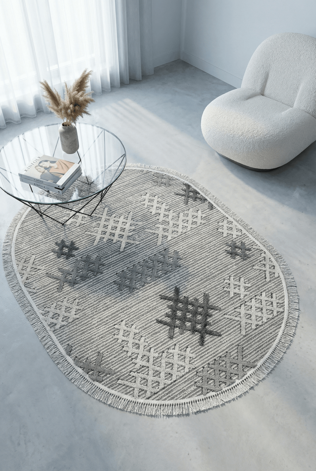 Dekorenti Step 2205 Gri Oval - Etnik Desenli Yumuşak Tozumaz Halı