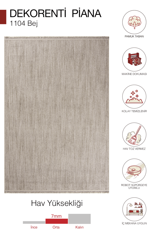 Piana 1104 Bej – Pamuk Tabanlı Örgü Saçaklı Modern Polyester Halı 200x290