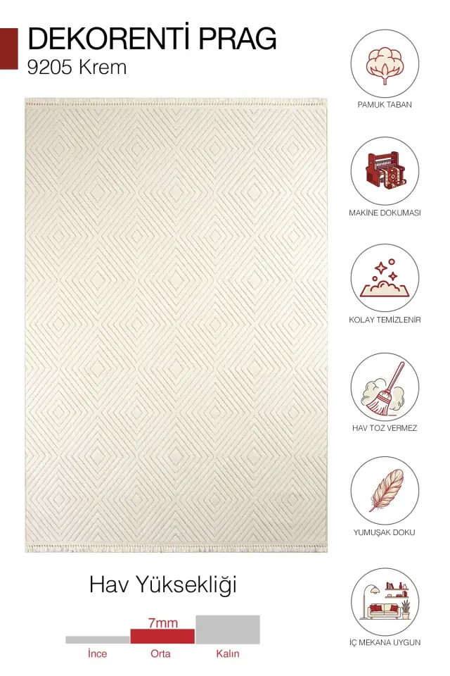 Dekorenti Prag 9205 Krem – Modern Örgü Saçaklı Yumuşak Tuşeli İskandinav Halı