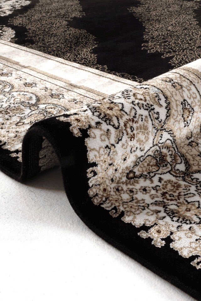 Romans Herat 2801 Siyah - Pamuk Tabanlı İpeksi Dokulu Göbekli Salon Halısı 240x340