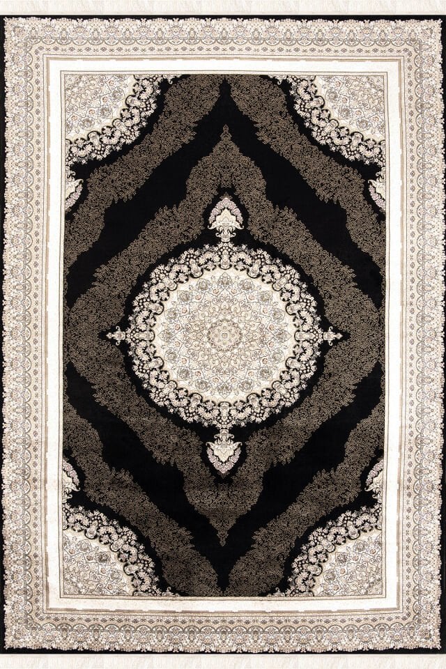 Romans Herat 2801 Siyah - Pamuk Tabanlı İpeksi Dokulu Göbekli Salon Halısı 080x150