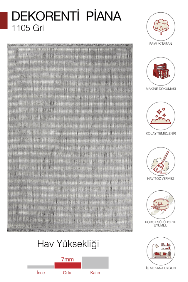 Piana 1105 Gri – Pamuk Tabanlı Örgü Saçaklı Modern Polyester Halı 200x290