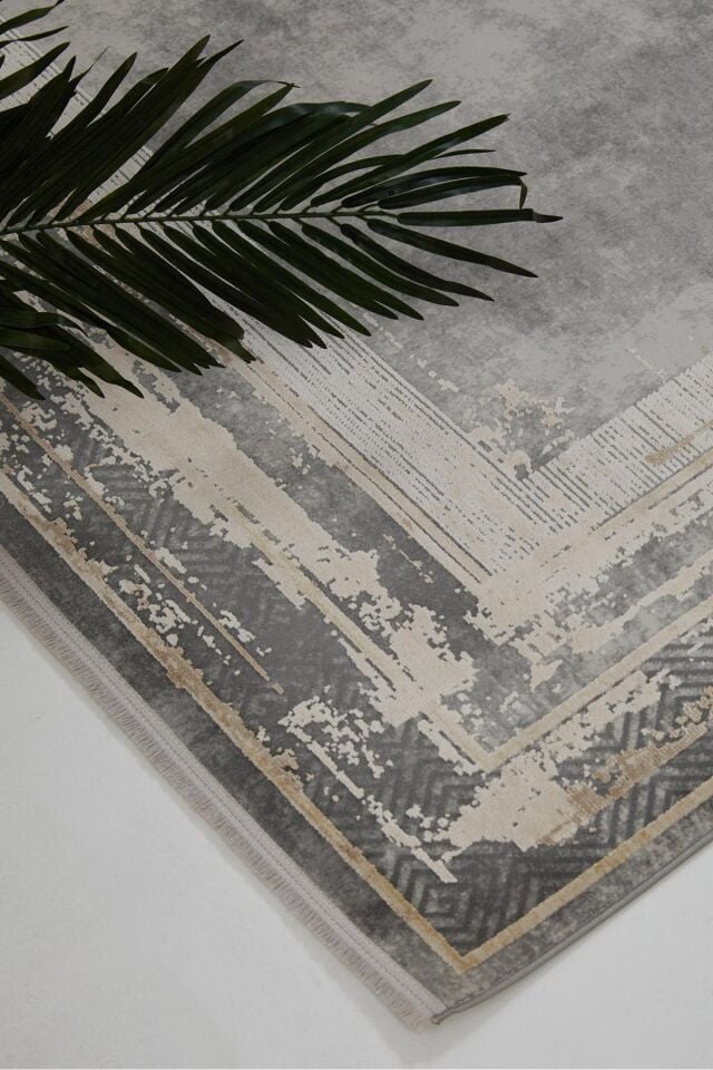 Romans Naturel 1703 Gri Vizon - Çerçeve Desenli Viskon Akrilik Halı