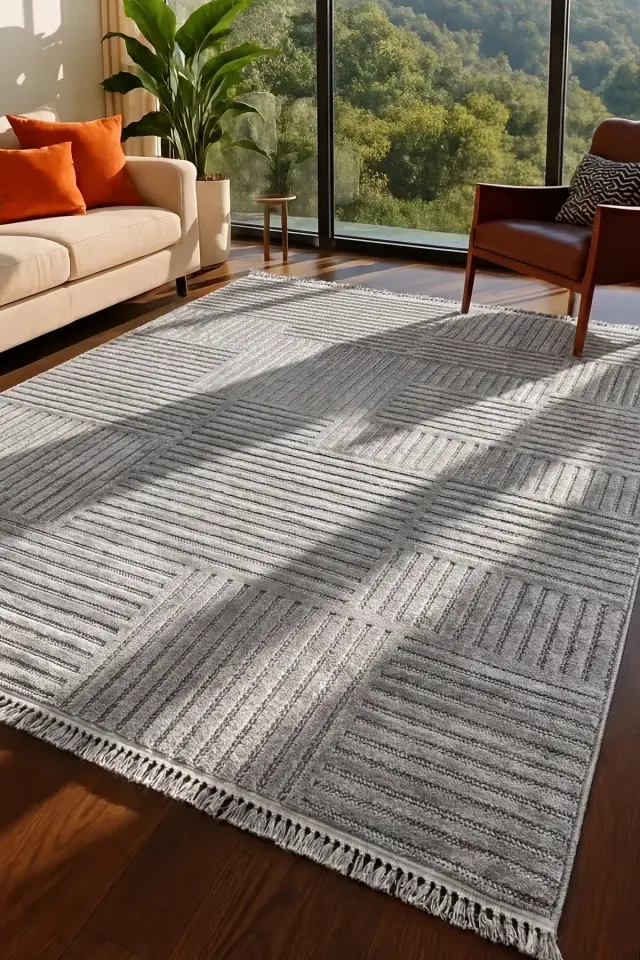 Dekorenti Prag 9202 Koyu Gri – Modern Örgü Saçaklı Yumuşak Tuşeli İskandinav Halı