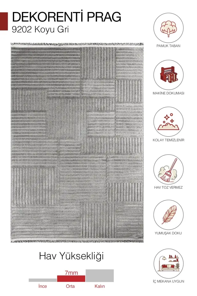 Dekorenti Prag 9202 Koyu Gri – Modern Örgü Saçaklı Yumuşak Tuşeli İskandinav Halı