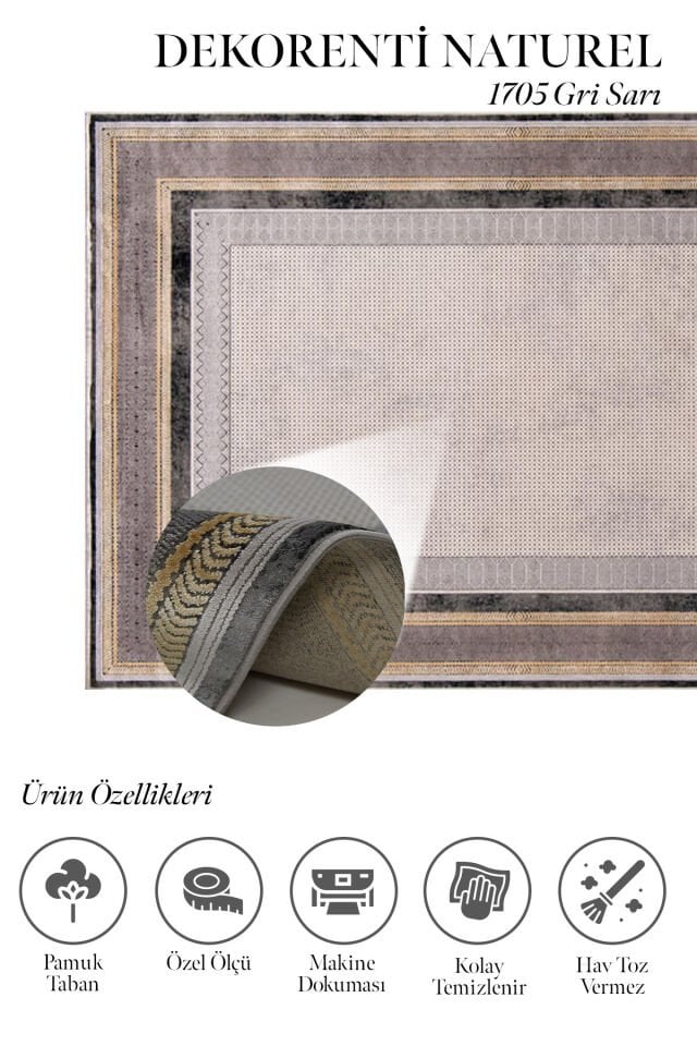 Romans Naturel 1705 Gri Sarı - Çerçeve Desenli Modern Halı