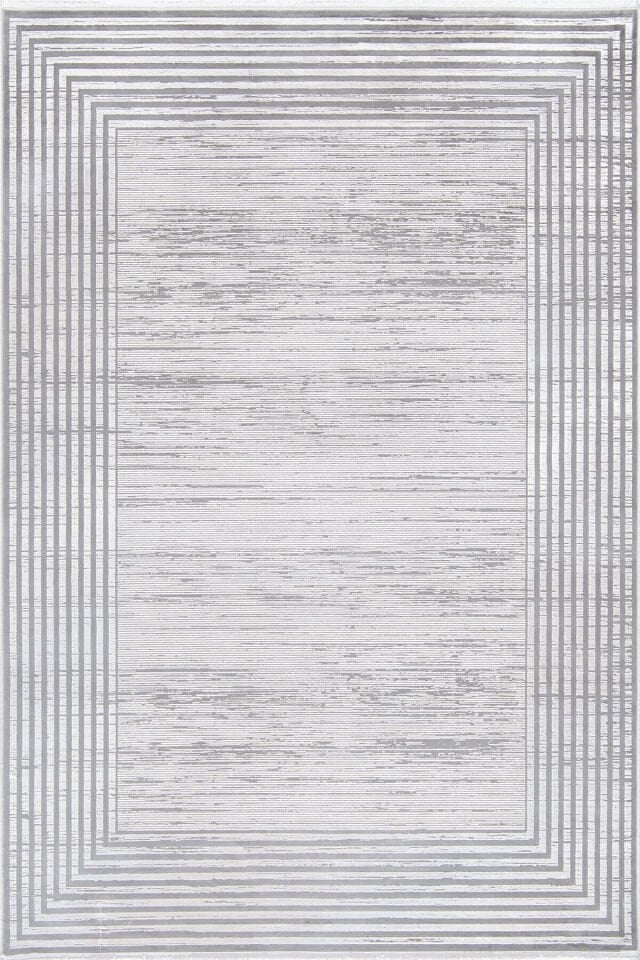 Romans Naturel 1706 Gri - Çizgili Çerçeve Desenli Viskon Akrilik Halı