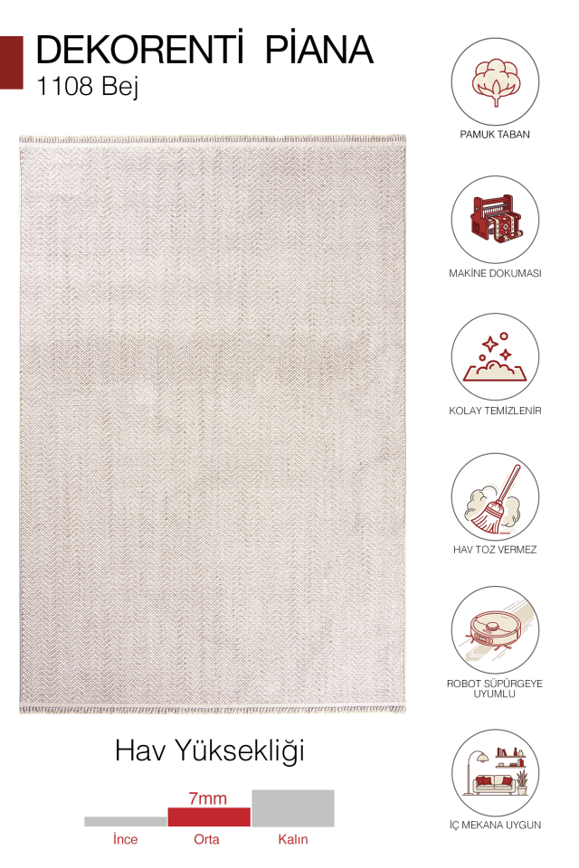 Piana 1108 Bej – Pamuk Tabanlı Örgü Saçaklı Modern Polyester Halı 200x290