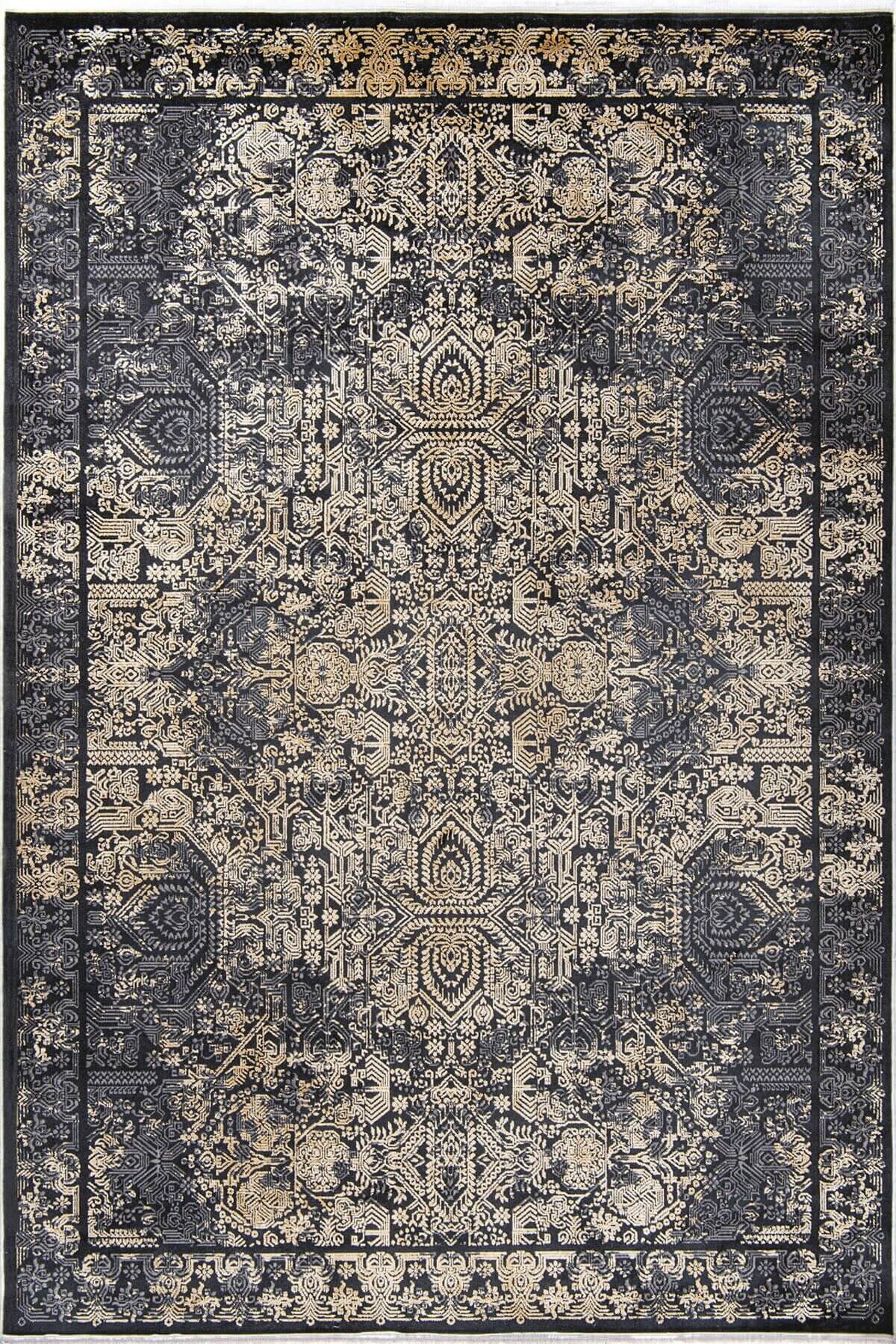 Romans Naturel 1707 Siyah Sarı - Vintage Desenli Viskon Akrilik Halı