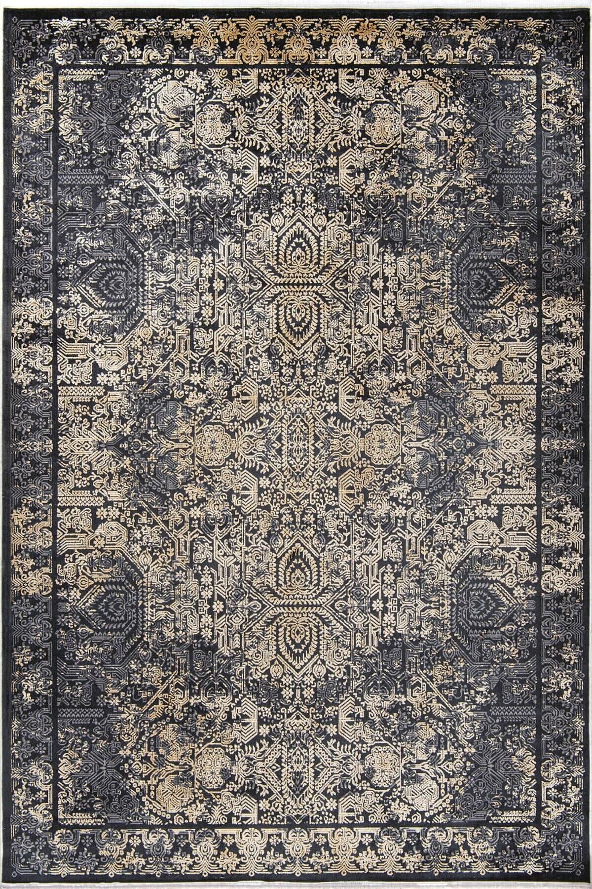Romans Naturel 1707 Siyah Sarı - Vintage Desenli Viskon Akrilik Halı