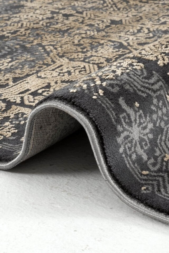 Romans Naturel 1707 Siyah Sarı - Vintage Desenli Viskon Akrilik Halı