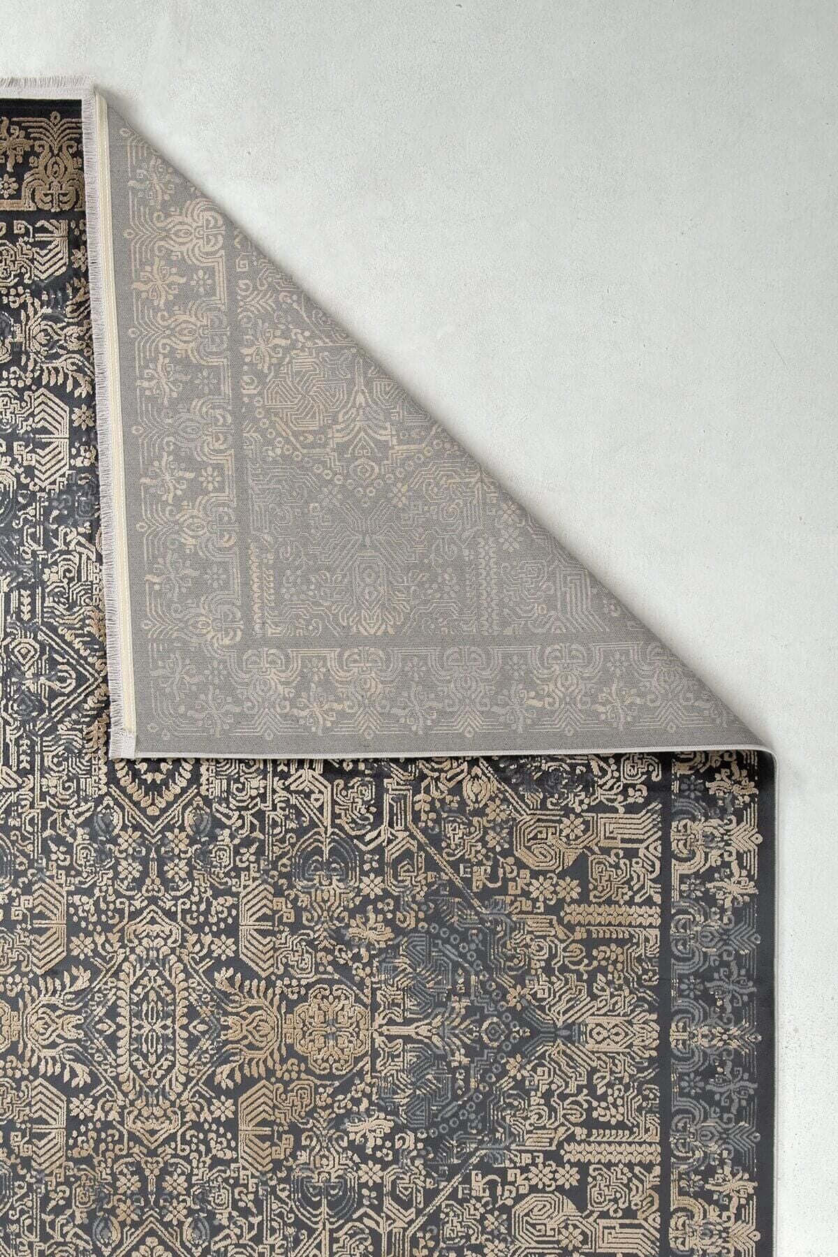 Romans Naturel 1707 Siyah Sarı - Vintage Desenli Viskon Akrilik Halı