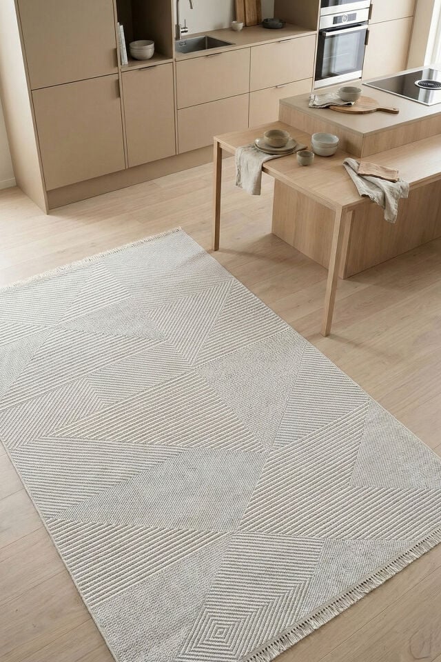 Vega 1454 Krem – Polip İplik Pamuk Taban Örgü Saçaklı Modern Halı 200x250