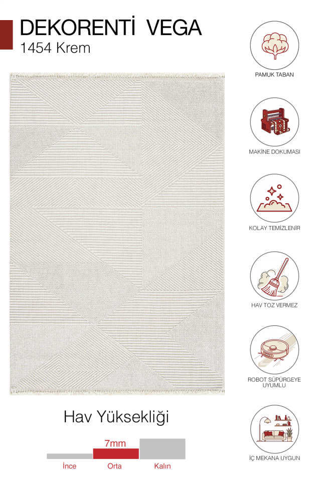 Vega 1454 Krem – Polip İplik Pamuk Taban Örgü Saçaklı Modern Halı 200x250