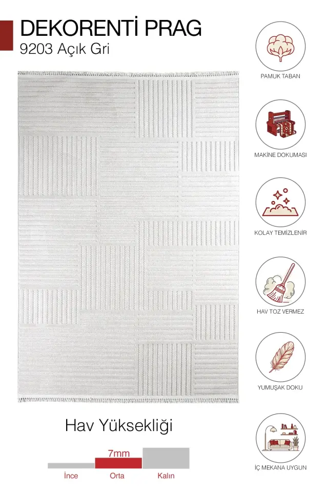 Dekorenti Prag 9203 Açık Gri – Modern Örgü Saçaklı Yumuşak Tuşeli İskandinav Halı