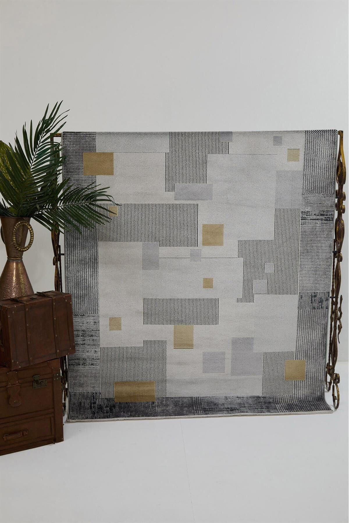 Romans Naturel 1709 Gri Sarı - Patchwork Geometrik Modern Halı
