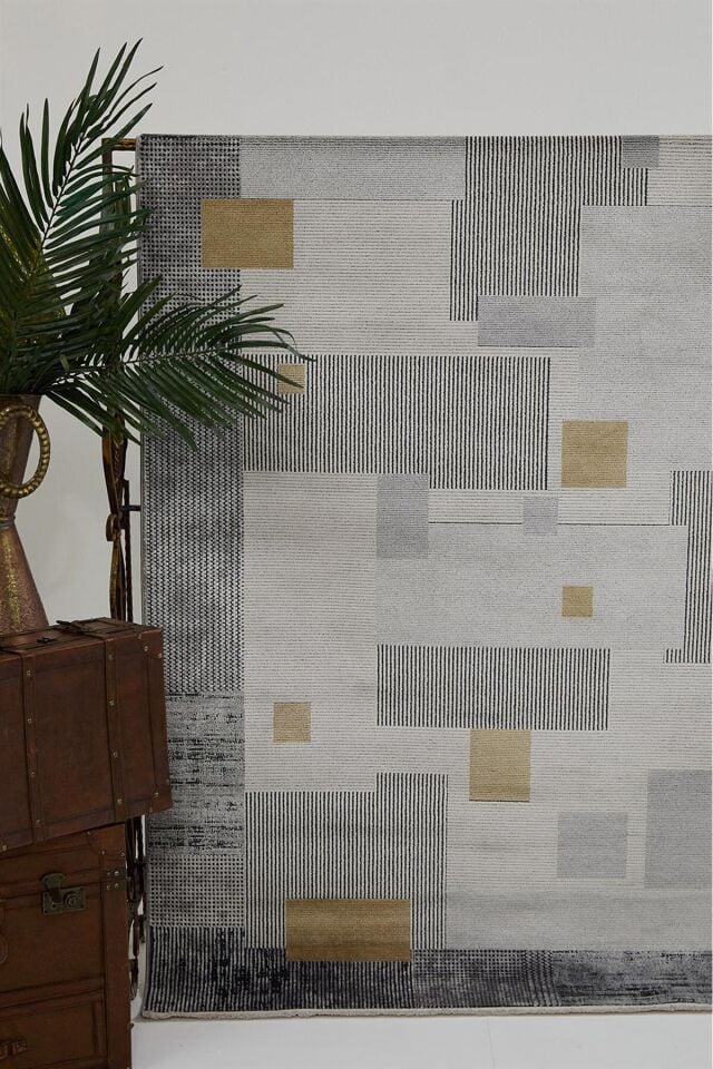 Romans Naturel 1709 Gri Sarı - Patchwork Geometrik Modern Halı