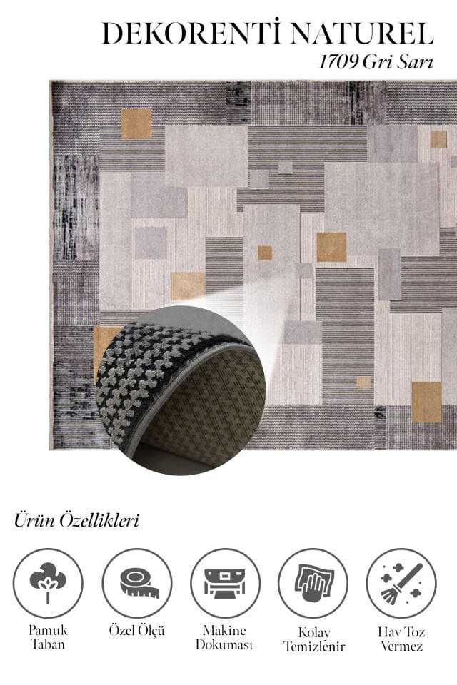 Romans Naturel 1709 Gri Sarı - Patchwork Geometrik Modern Halı