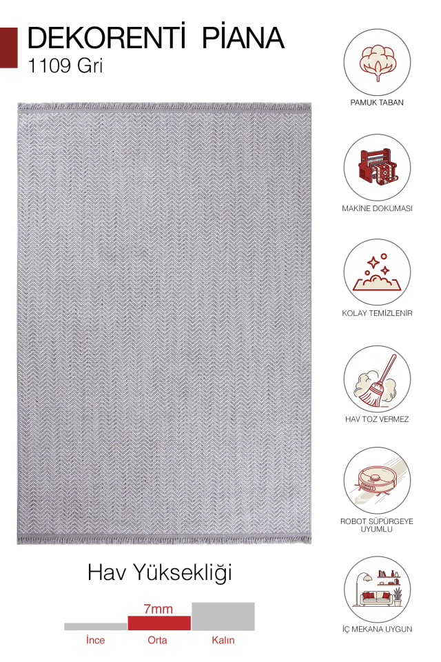 Piana 1109 Gri – Pamuk Tabanlı Örgü Saçaklı Modern Polyester Halı 200x290