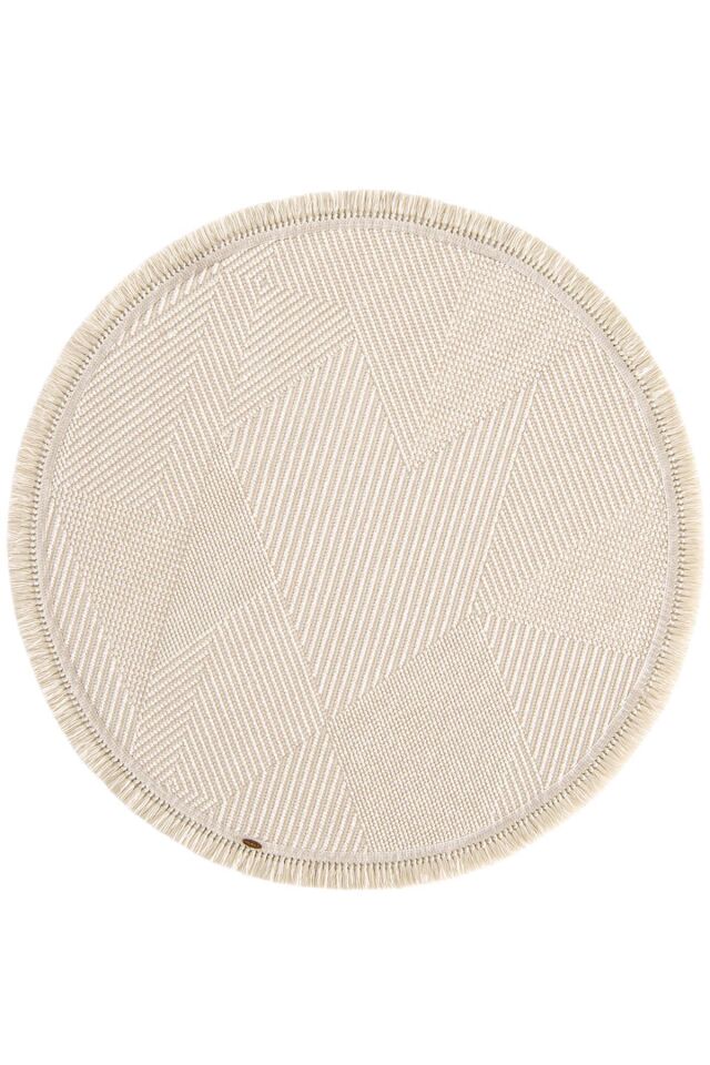 Dekorenti Vega 1454 Krem Daire - Pamuk Taban Örgü Saçaklı Modern Halı