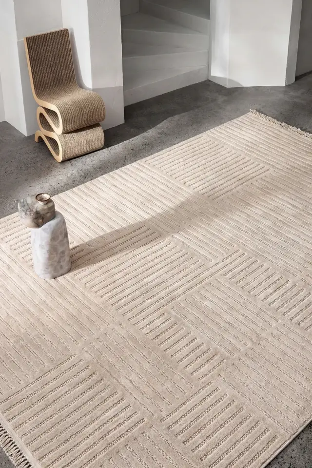 Dekorenti Prag 9204 Bej – Modern Örgü Saçaklı Yumuşak Tuşeli İskandinav Halı