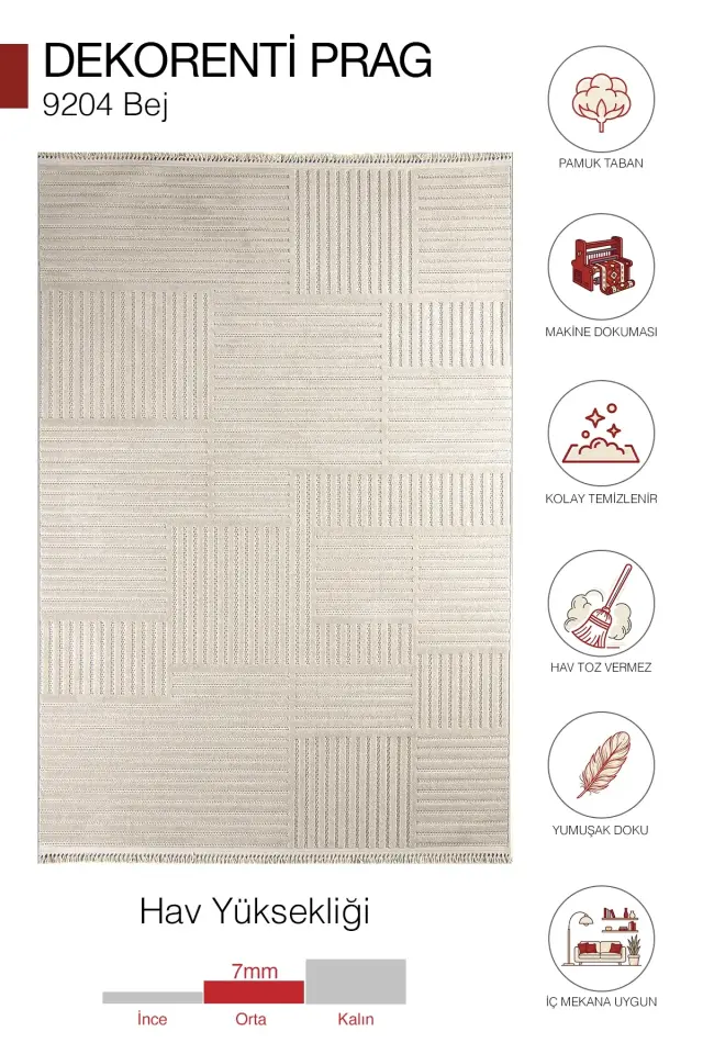 Dekorenti Prag 9204 Bej – Modern Örgü Saçaklı Yumuşak Tuşeli İskandinav Halı