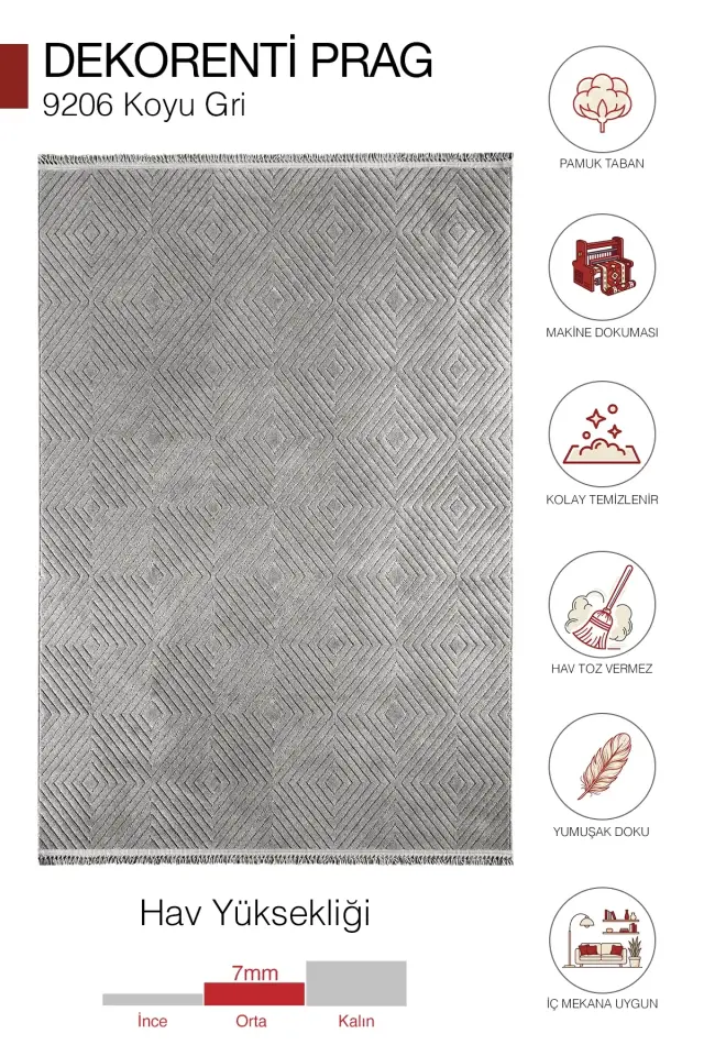 Dekorenti Prag 9206 Koyu Gri – Modern Örgü Saçaklı Yumuşak Tuşeli İskandinav Halı