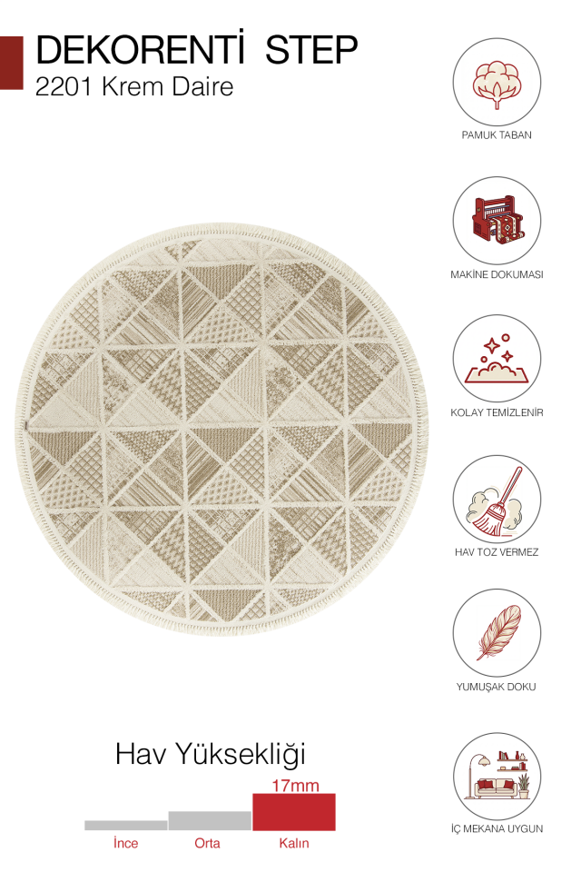 Step 2201 Krem Daire - Yumuşak Tozumaz  Dayanıklı Modern Halı 200x200