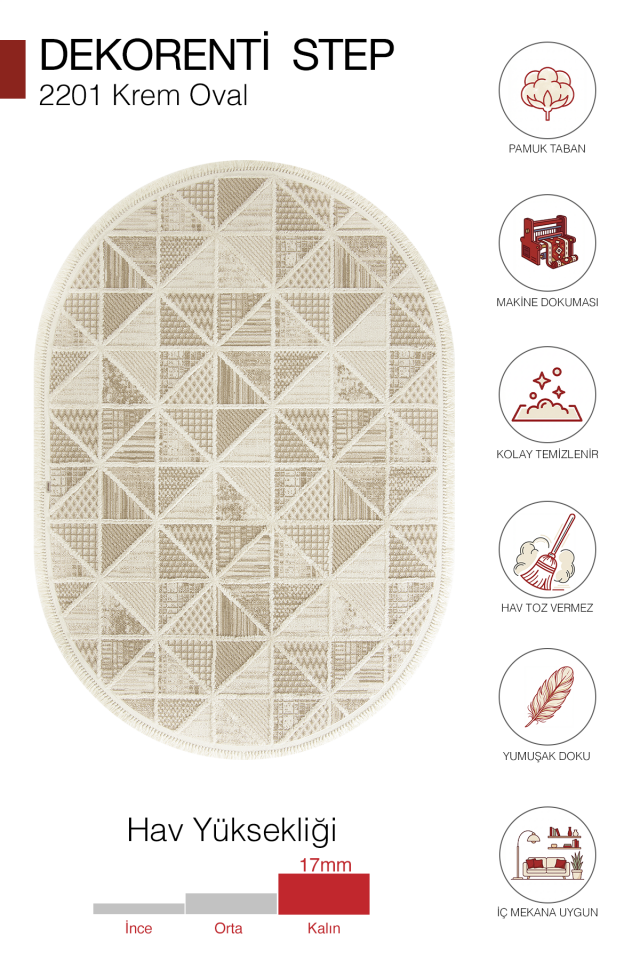 Step 2201 Krem Oval - Yumuşak Tozumaz  Dayanıklı Modern Halı 080x150