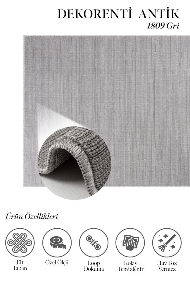 Antik 1809 Gri - Çoban Dikişli Jut Tabanlı Halı 200x290