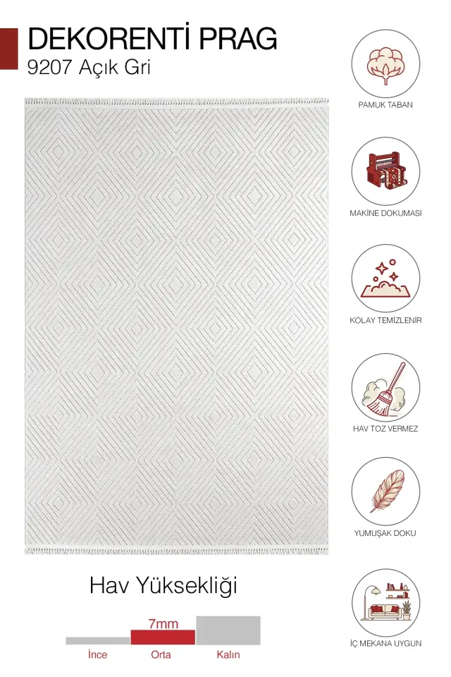 Dekorenti Prag 9207 Açık Gri – Modern Örgü Saçaklı Yumuşak Tuşeli İskandinav Halı